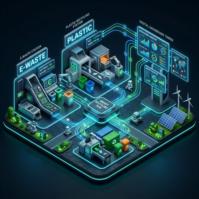 3D isometric illustration of circular waste management ecosystem